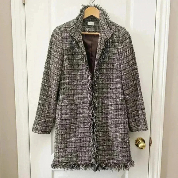 Suzy Shier Blazer Topper Coat Brown Metallic Plaid Tweed Fringe Trim Duster XS - Picture 4 of 16